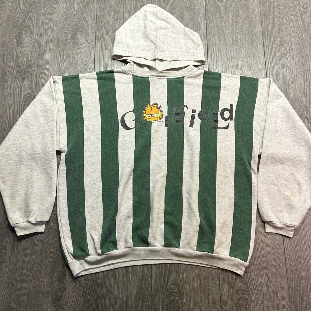 Vintage Garfield Ropa International Striped Hoodie Mens Large Green Grey 90s